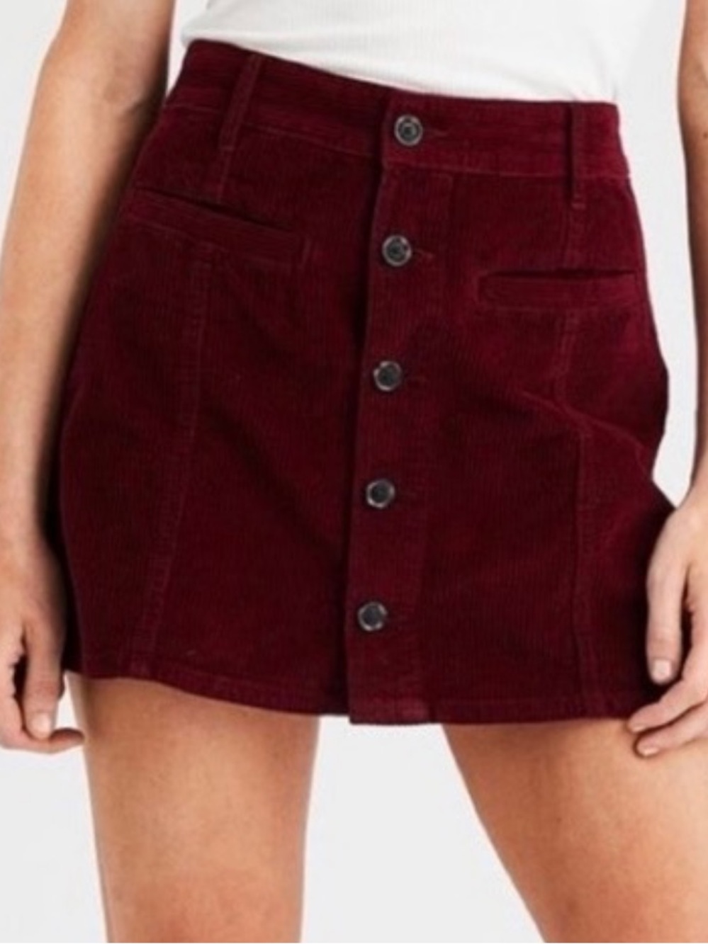 American Eagle Outfitters Burgundy Corduroy Hi Rise Button-Front Mini Skirt